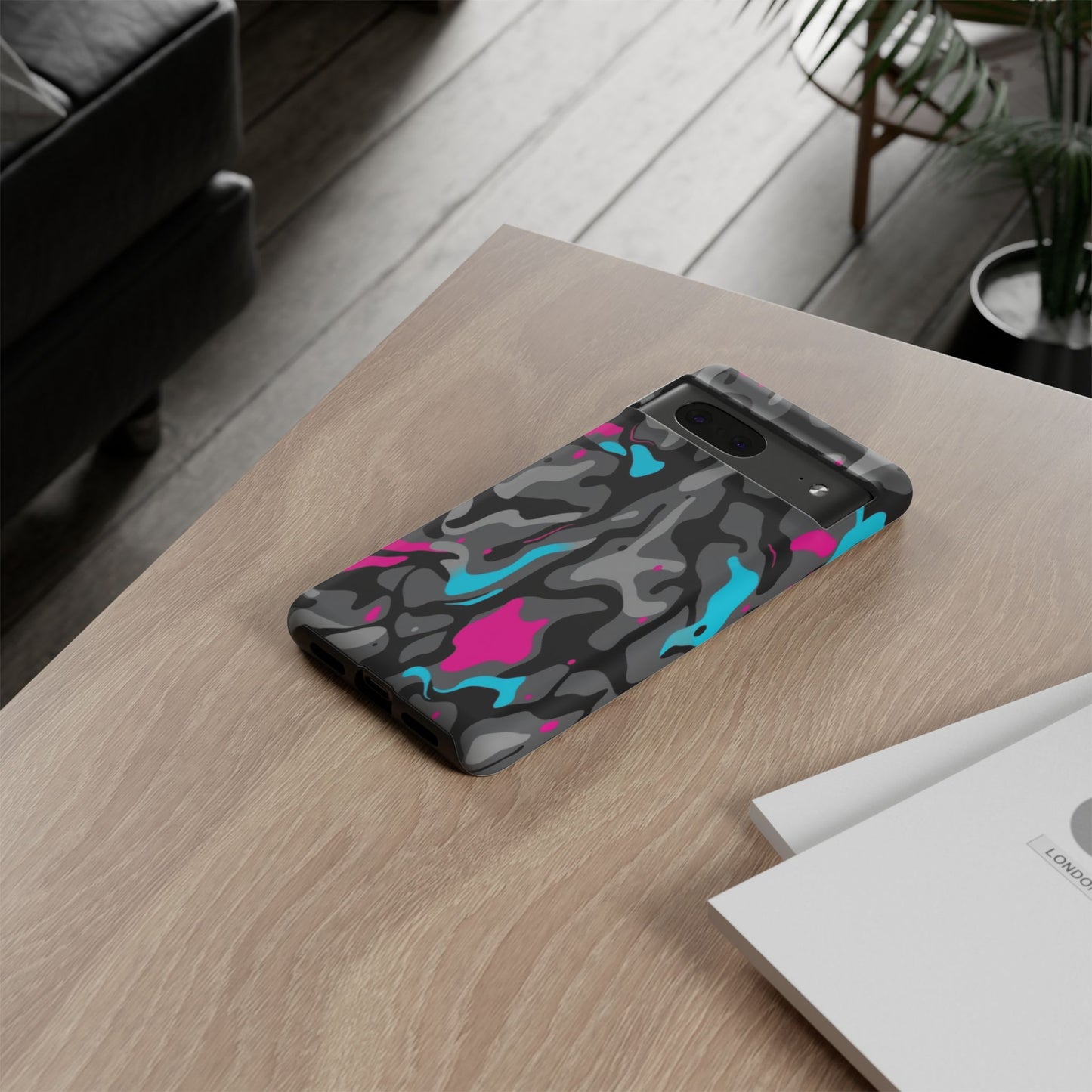Camouflage Phone Case — Gray Camo with Neon Pink & Cyan Accent Tough Protective Cover
