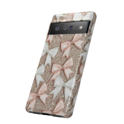 Glitter Bow Tough Phone Case — Pink & White Ribbon Protective Cover