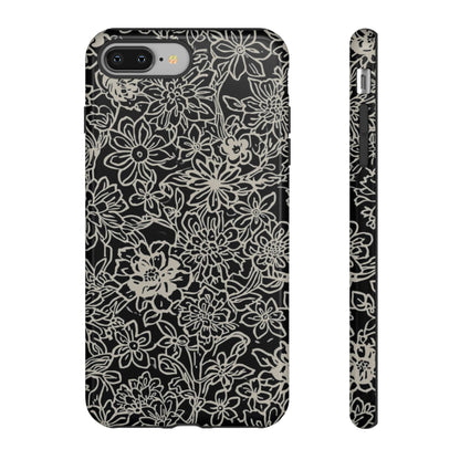 Floral Doodle Tough Phone Case — Black & White Sketch Flower Protective Cover