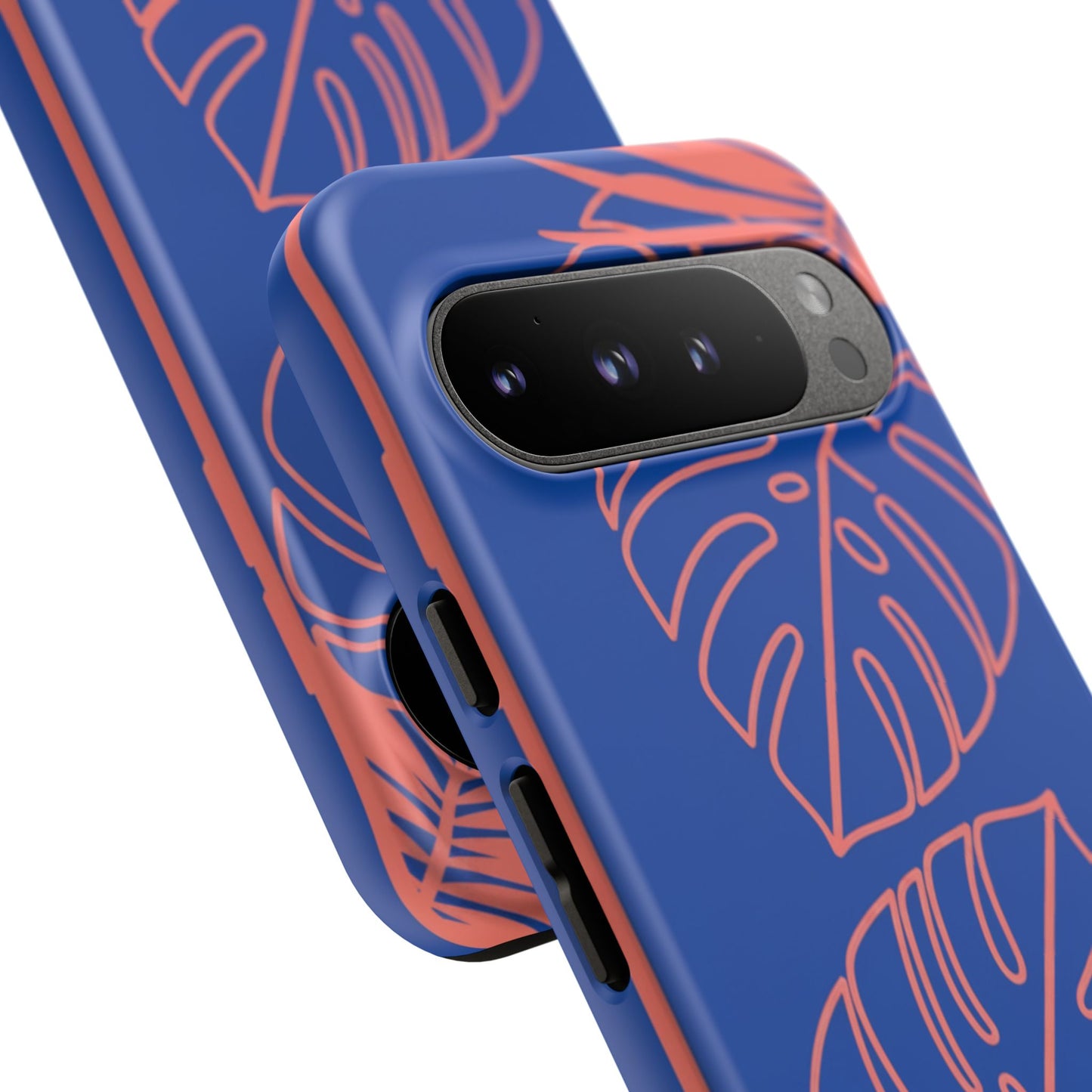 Tropical Monstera Phone Case — Blue & Coral Leaf Protective Cover