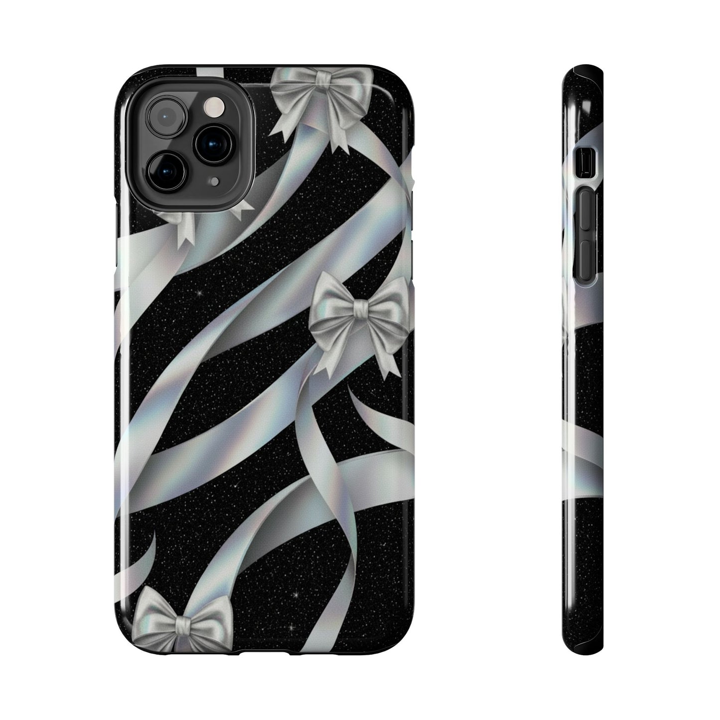 Silver Ribbon Bow Tough Phone Case — Glitter Black Protective Phone Case