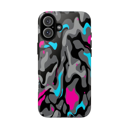 Camouflage Phone Case — Gray Camo with Neon Pink & Cyan Accent Tough Protective Cover