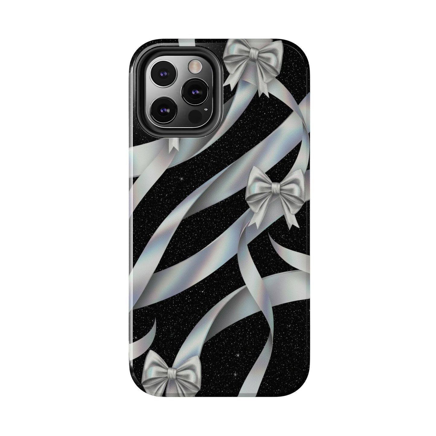 Silver Ribbon Bow Tough Phone Case — Glitter Black Protective Phone Case