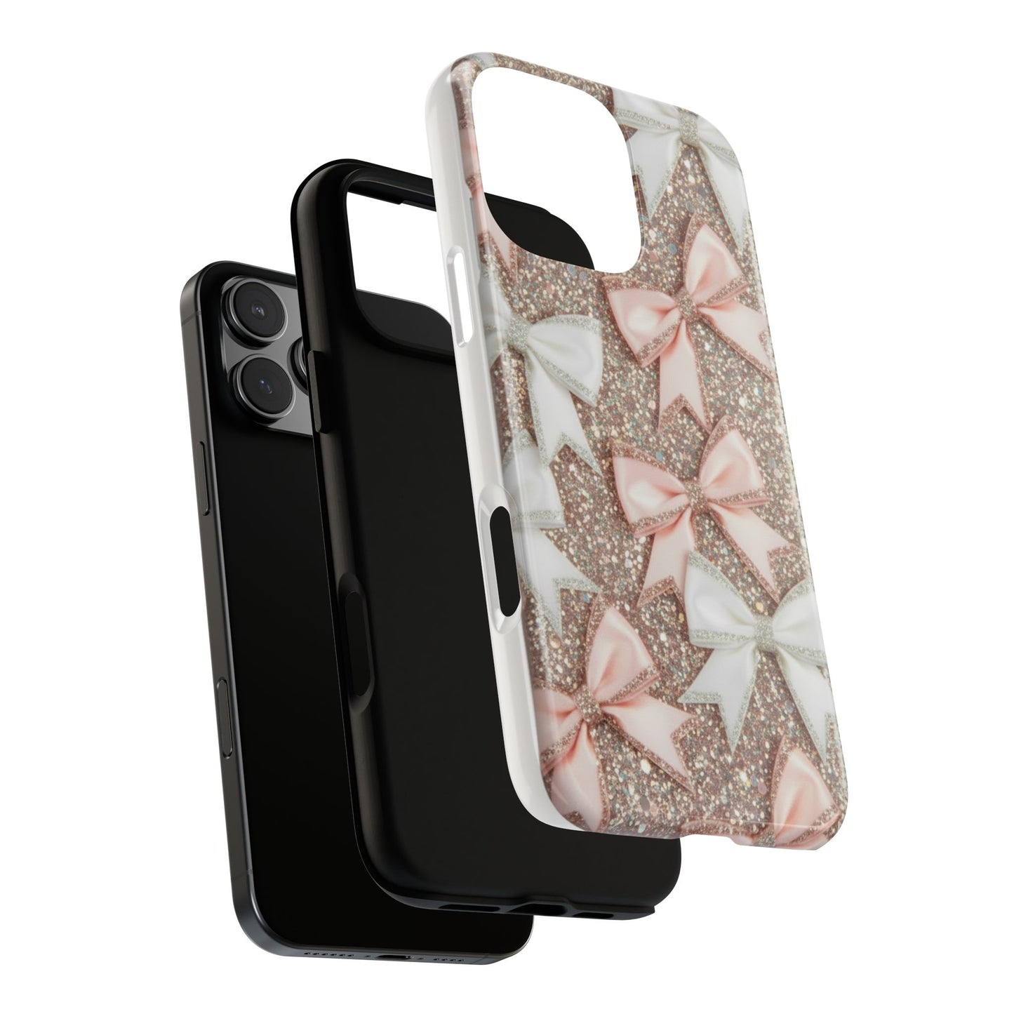 Glitter Bow Tough Phone Case — Pink & White Ribbon Protective Cover