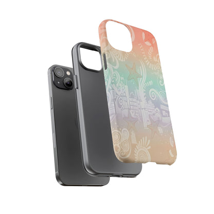 Tough Cases: Pastel Beach Pattern Phone Case — Starfish & Coastal Cityscape Protective Cover