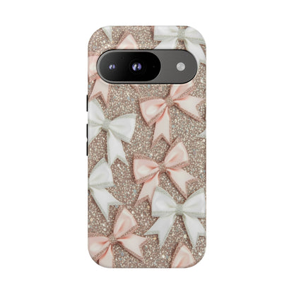 Glitter Bow Tough Phone Case — Pink & White Ribbon Protective Cover