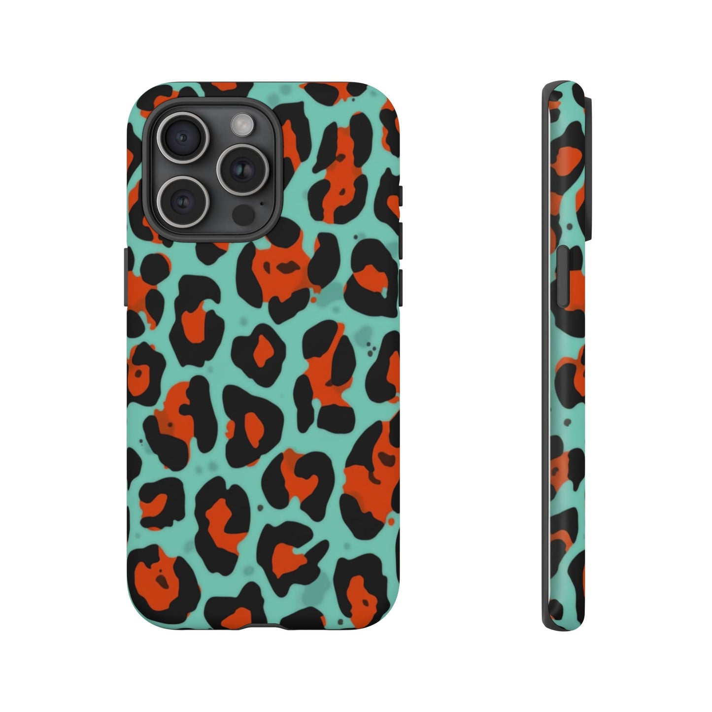 Leopard Print Tough Phone Case — Teal & Rust Protective iPhone Cover