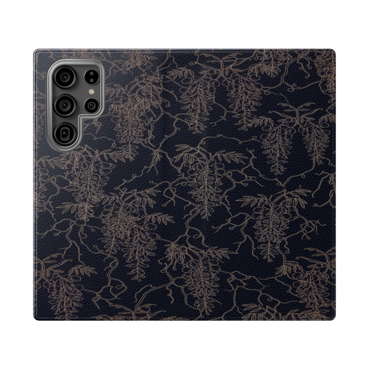 Botanical Noir Flip Phone Case — Dark Floral Wallet Cover with Card Slots