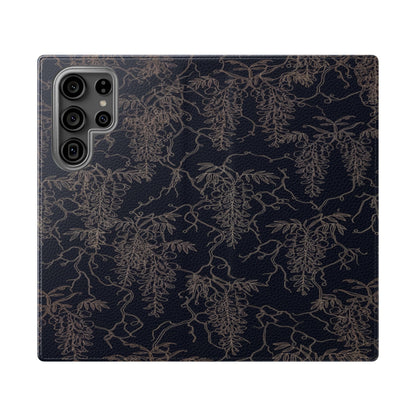 Botanical Noir Flip Phone Case — Dark Floral Wallet Cover with Card Slots