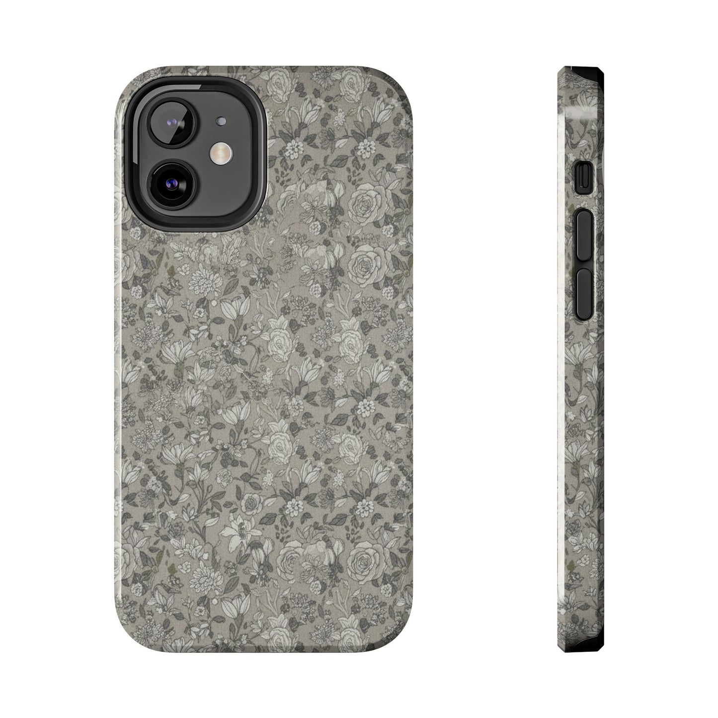 Gray Floral Tough Phone Case — Durable Protective Phone Cover with Vintage Botanical Pattern
