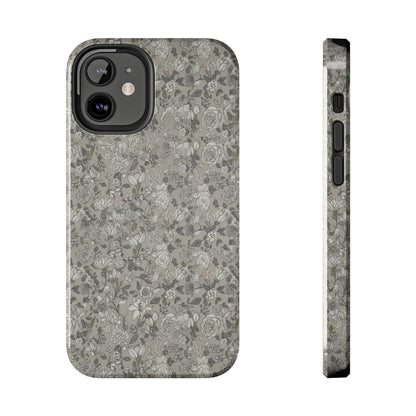 Gray Floral Tough Phone Case — Durable Protective Phone Cover with Vintage Botanical Pattern