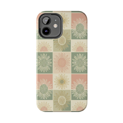 Sunflower Check iPhone Tough Phone Case — Retro Pastel Floral Protective Cover