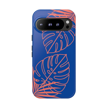 Tropical Monstera Phone Case — Blue & Coral Leaf Protective Cover