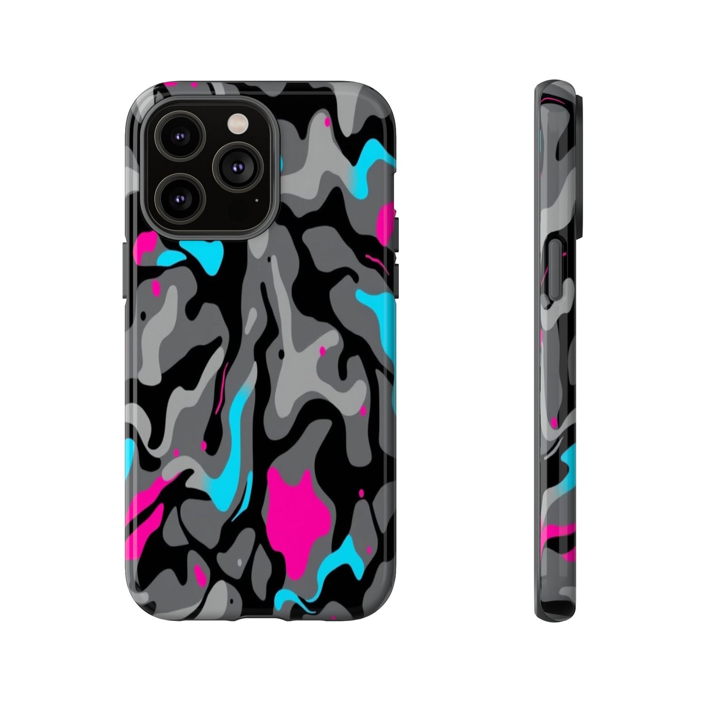 Camouflage Phone Case — Gray Camo with Neon Pink & Cyan Accent Tough Protective Cover