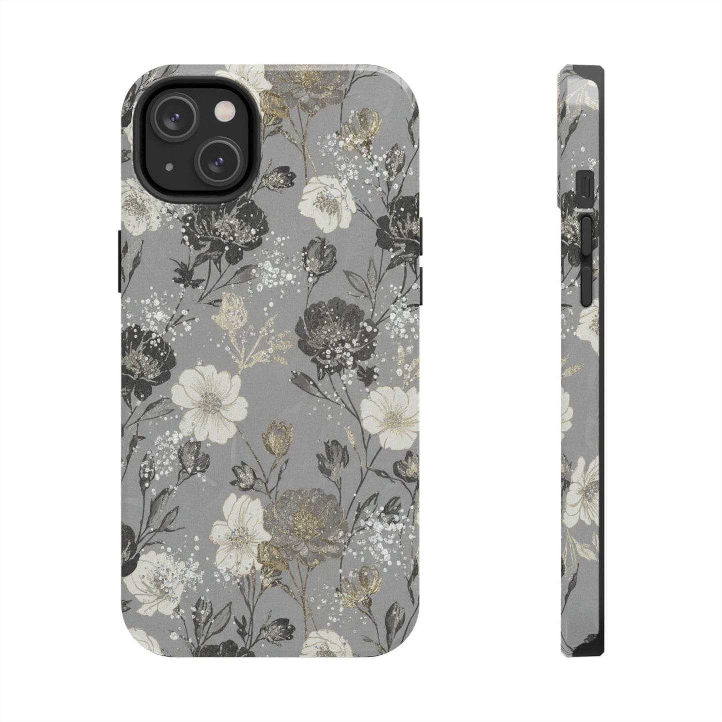 Floral Gray Tough Phone Case — Elegant Protective Phone Cover with Gold Accent