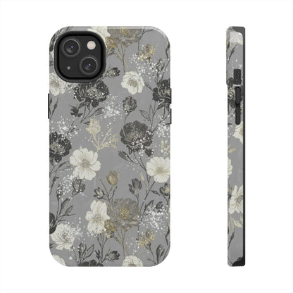 Floral Gray Tough Phone Case — Elegant Protective Phone Cover with Gold Accent