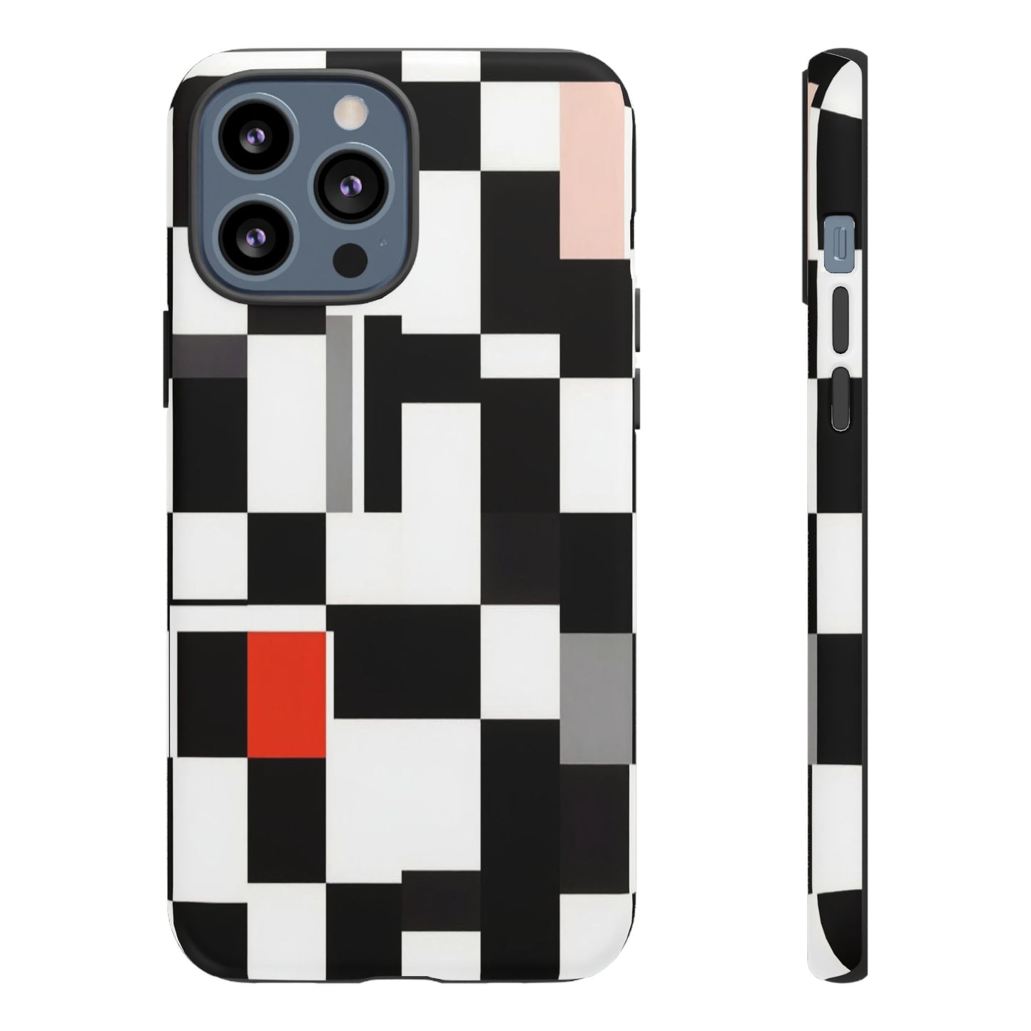 Abstract Geometric Phone Case – Black & White Checker Grid with Red Accent