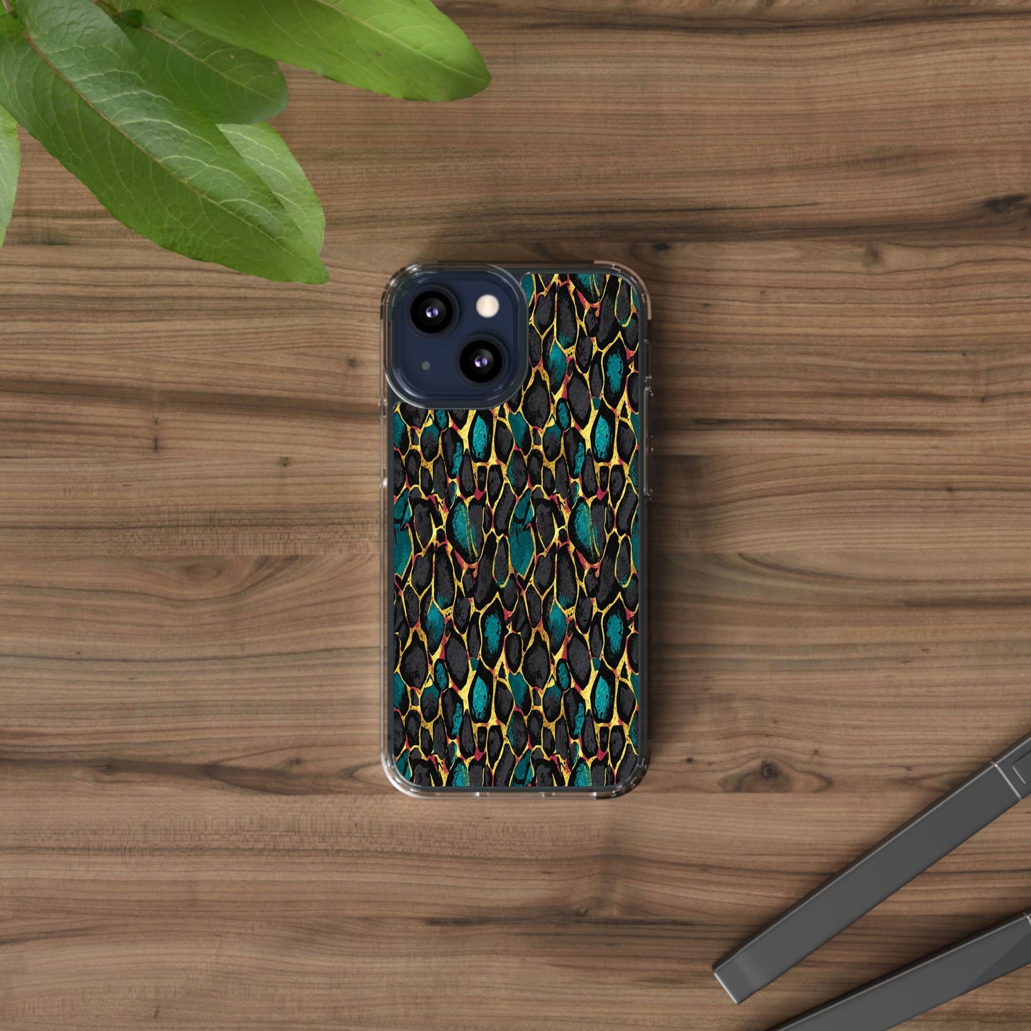 Teal Gold Leopard Clear Phone Case