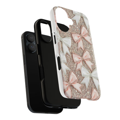 Glitter Bow Tough Phone Case — Pink & White Ribbon Protective Cover