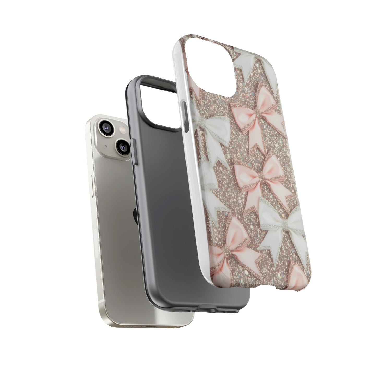 Glitter Bow Tough Phone Case — Pink & White Ribbon Protective Cover