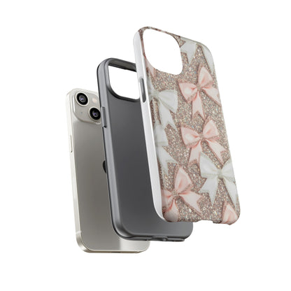 Glitter Bow Tough Phone Case — Pink & White Ribbon Protective Cover