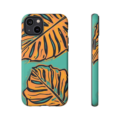 Tropical Leaf Tough Phone Case — Orange Monstera Design on Teal