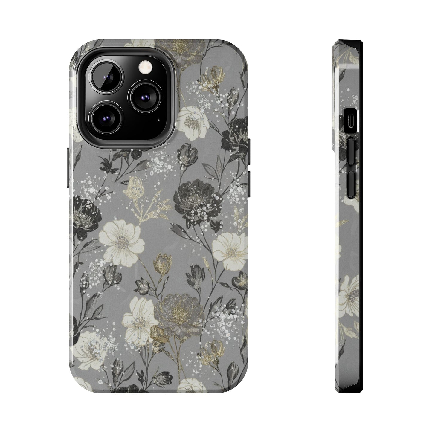 Floral Gray Tough Phone Case — Elegant Protective Phone Cover with Gold Accent