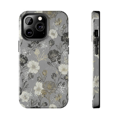Floral Gray Tough Phone Case — Elegant Protective Phone Cover with Gold Accent