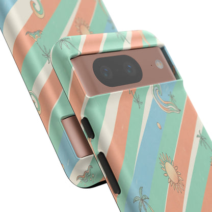 Retro Beach Stripes Phone Case — Sun, Waves & Palm Pattern Tough Case