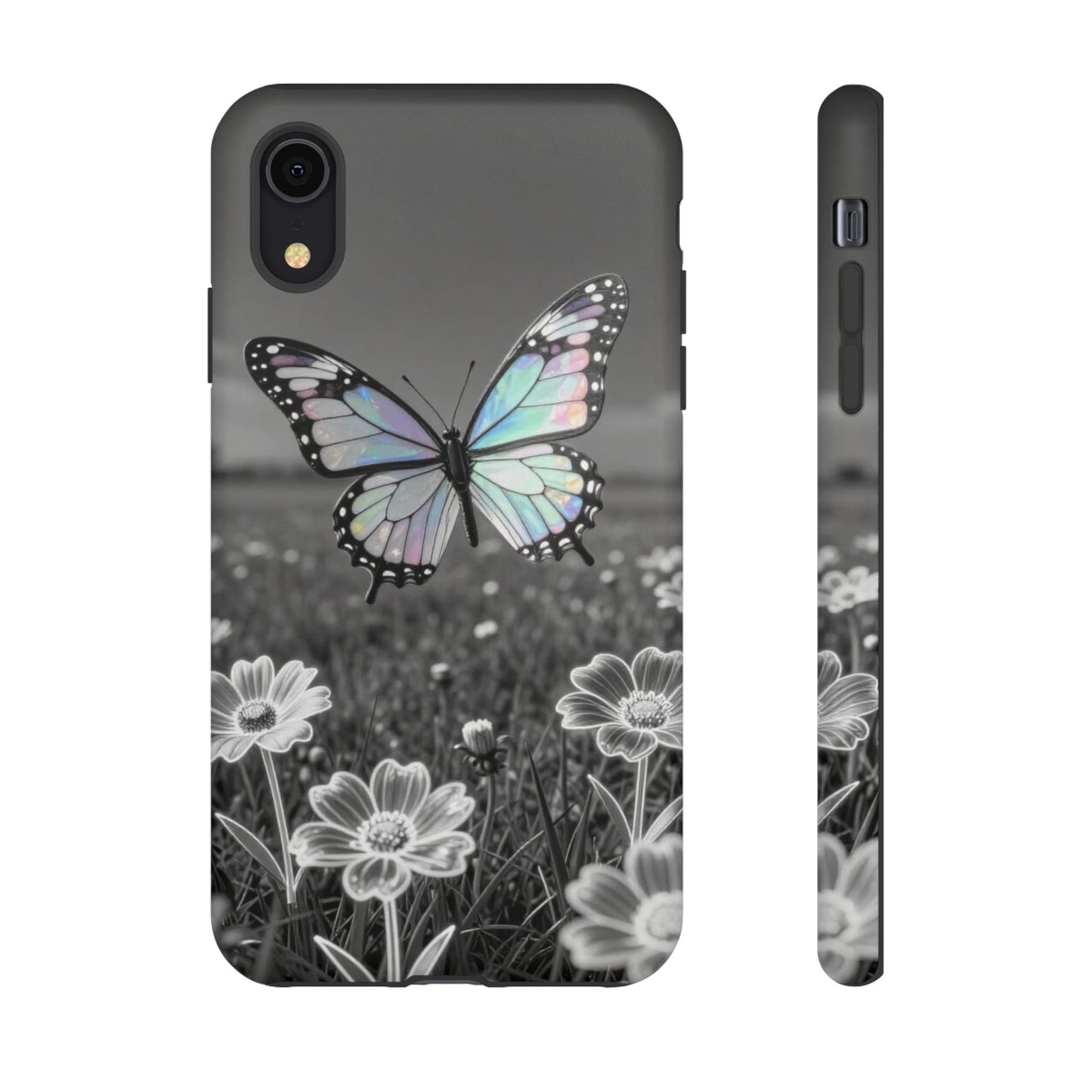 Butterfly Field Tough Phone Case — Pastel Holographic Butterfly on Black & White Floral Background