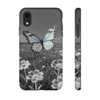 Butterfly Field Tough Phone Case — Pastel Holographic Butterfly on Black & White Floral Background