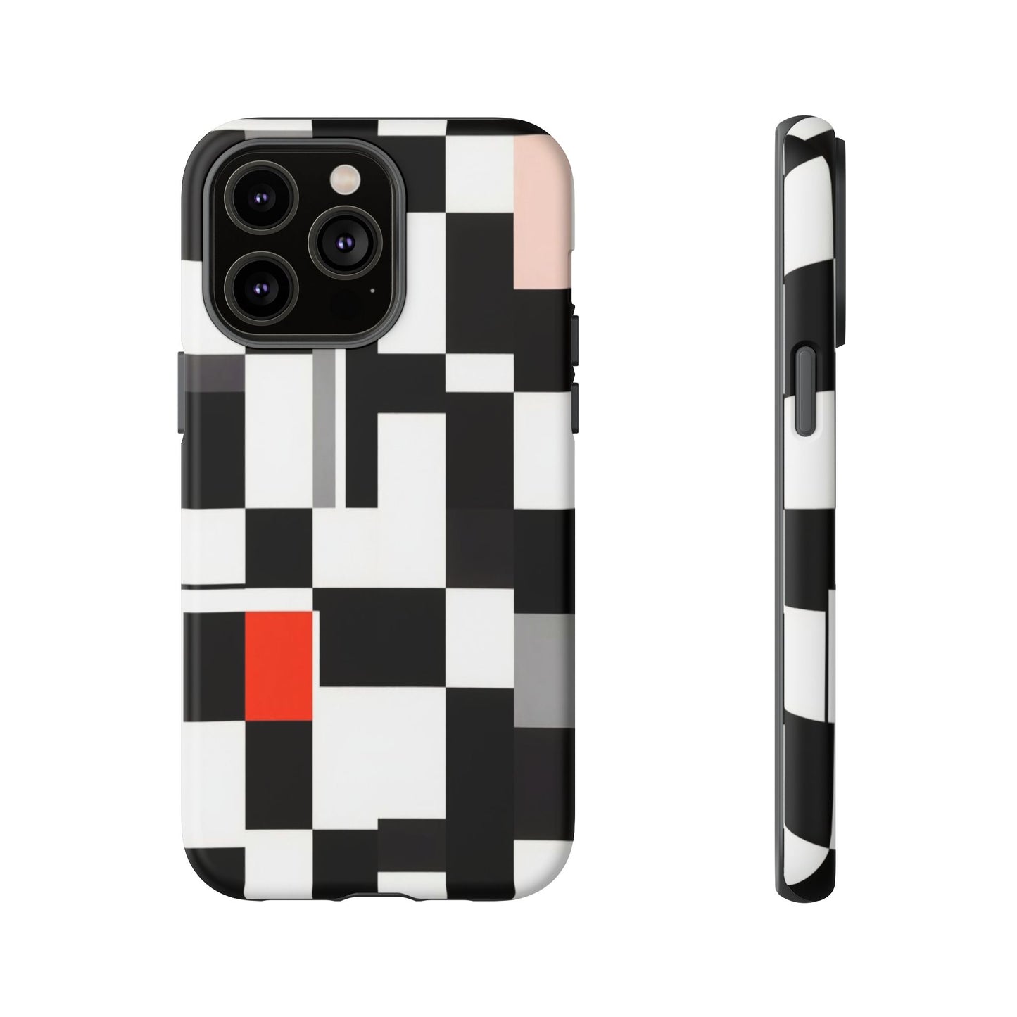 Abstract Geometric Phone Case – Black & White Checker Grid with Red Accent