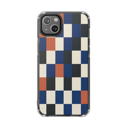 Clear Magnetic Phone Case — Retro Checkerboard Pattern (Blue, Black & Rust)