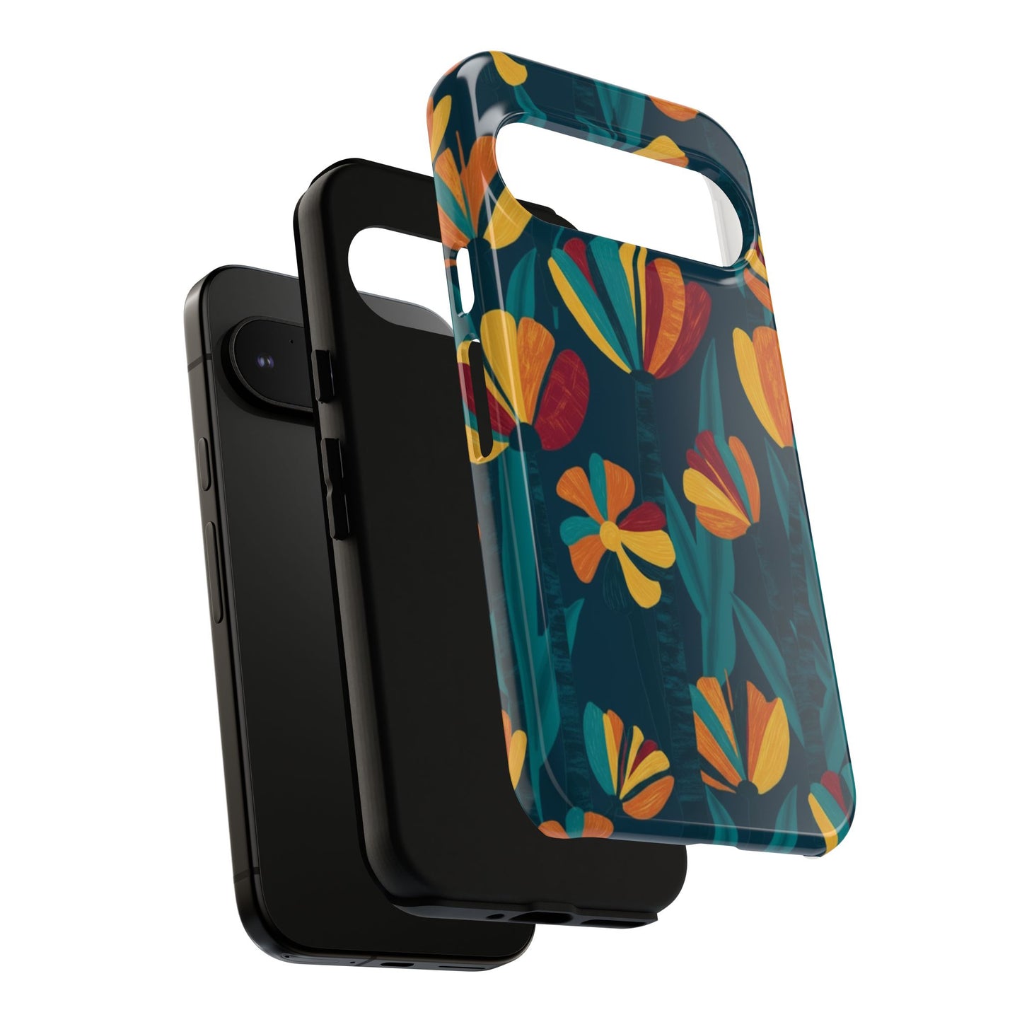 Floral Retro Teal Tough Phone Case — Vibrant Orange & Mustard Blooms