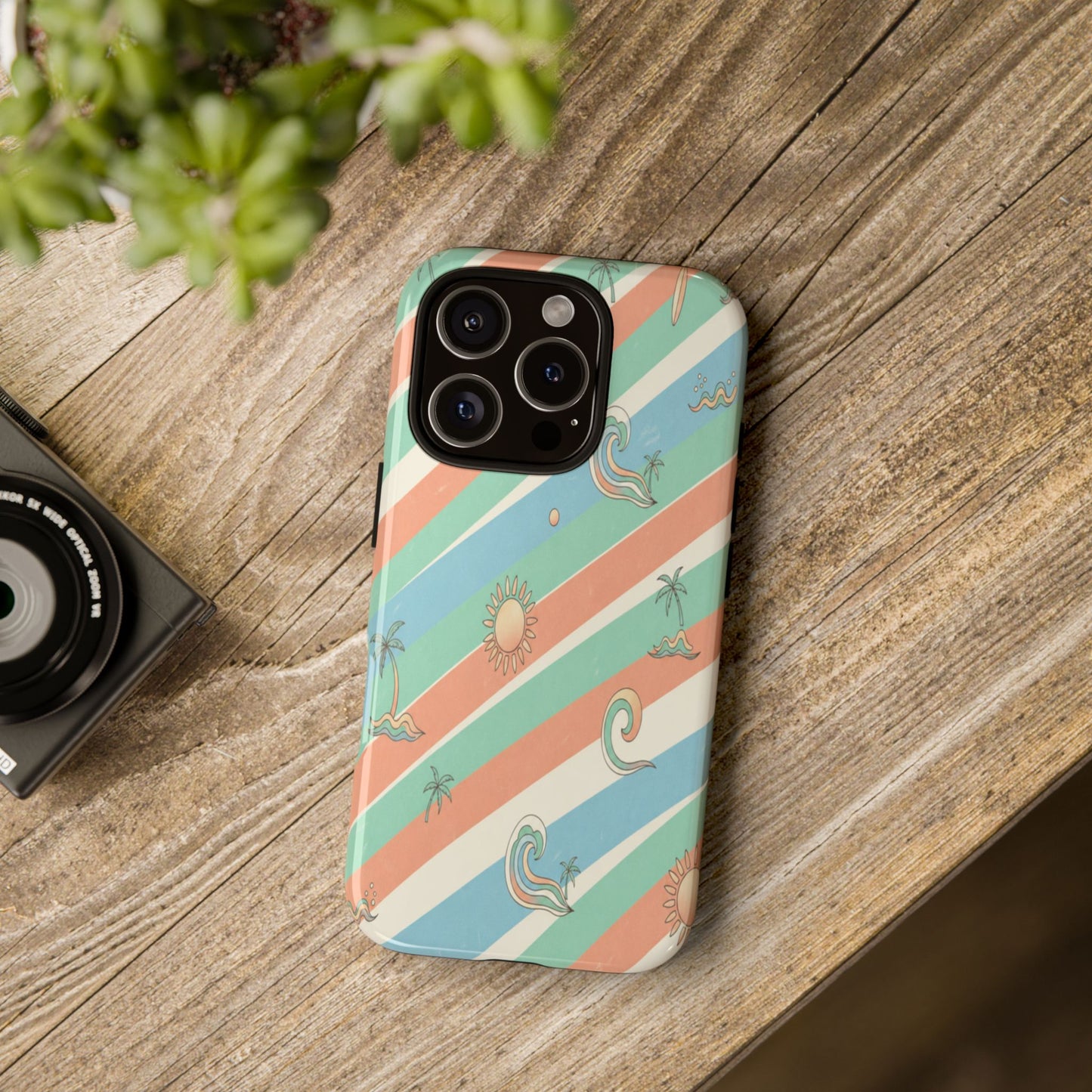 Retro Beach Stripes Phone Case — Sun, Waves & Palm Pattern Tough Case