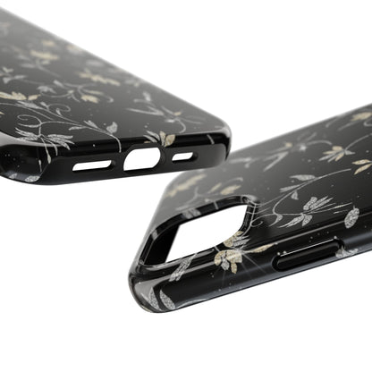 Floral Noir Tough Phone Case — Vintage Black Botanical Protective Cover