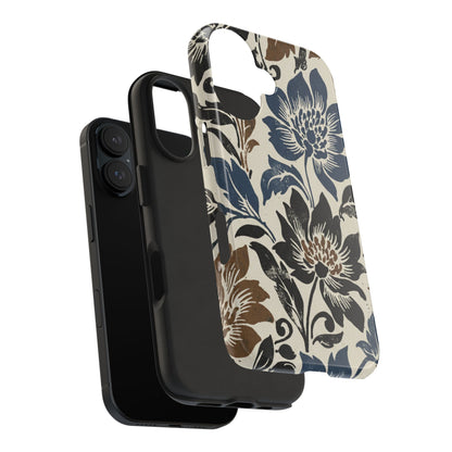 Floral Vintage Tough Phone Case — Blue & Brown Botanical Protection