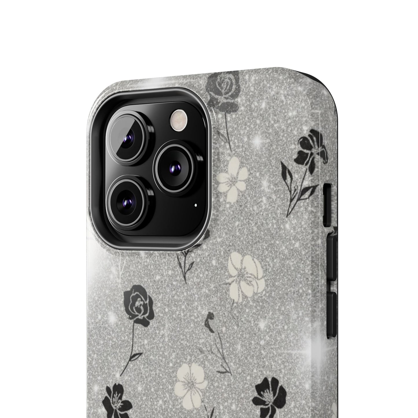 Floral Glitter Tough Phone Case — Black & Silver Vintage Flower Protective Cover