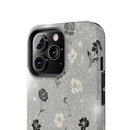 Floral Glitter Tough Phone Case — Black & Silver Vintage Flower Protective Cover
