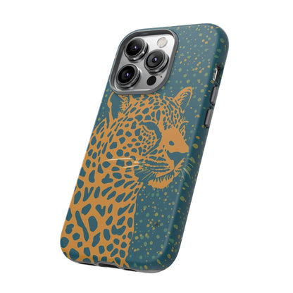 Leopard Print Tough Phone Case — Gold Panther on Teal, Protective iPhone Cover