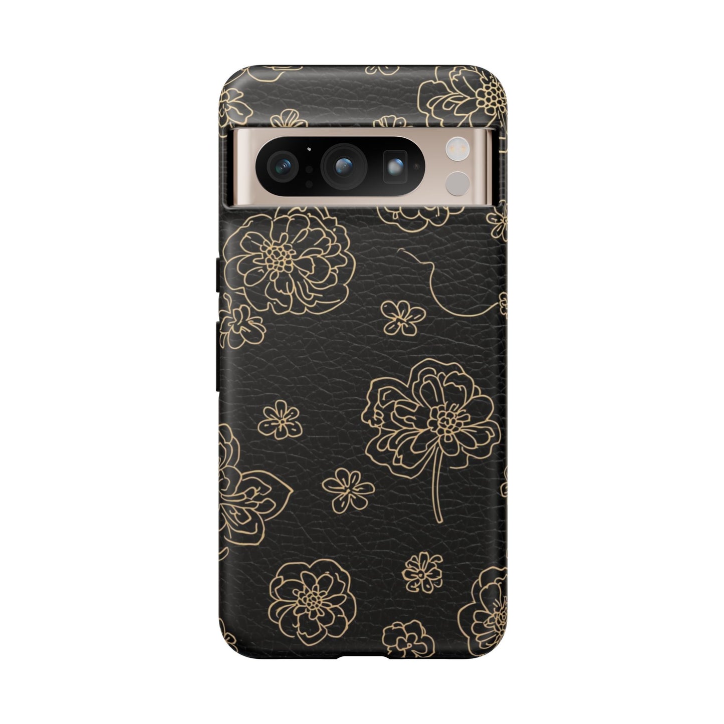 Floral Leather-Texture Tough Case – Black Gold Outline Phone Cover
