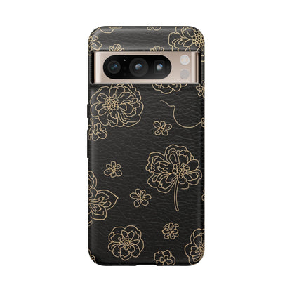 Floral Leather-Texture Tough Case – Black Gold Outline Phone Cover
