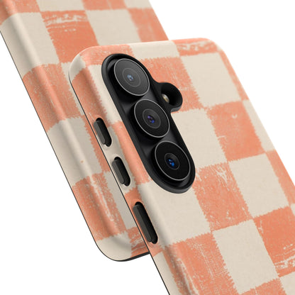 Peach Checkerboard Tough Phone Case — Retro Distressed Grid Design