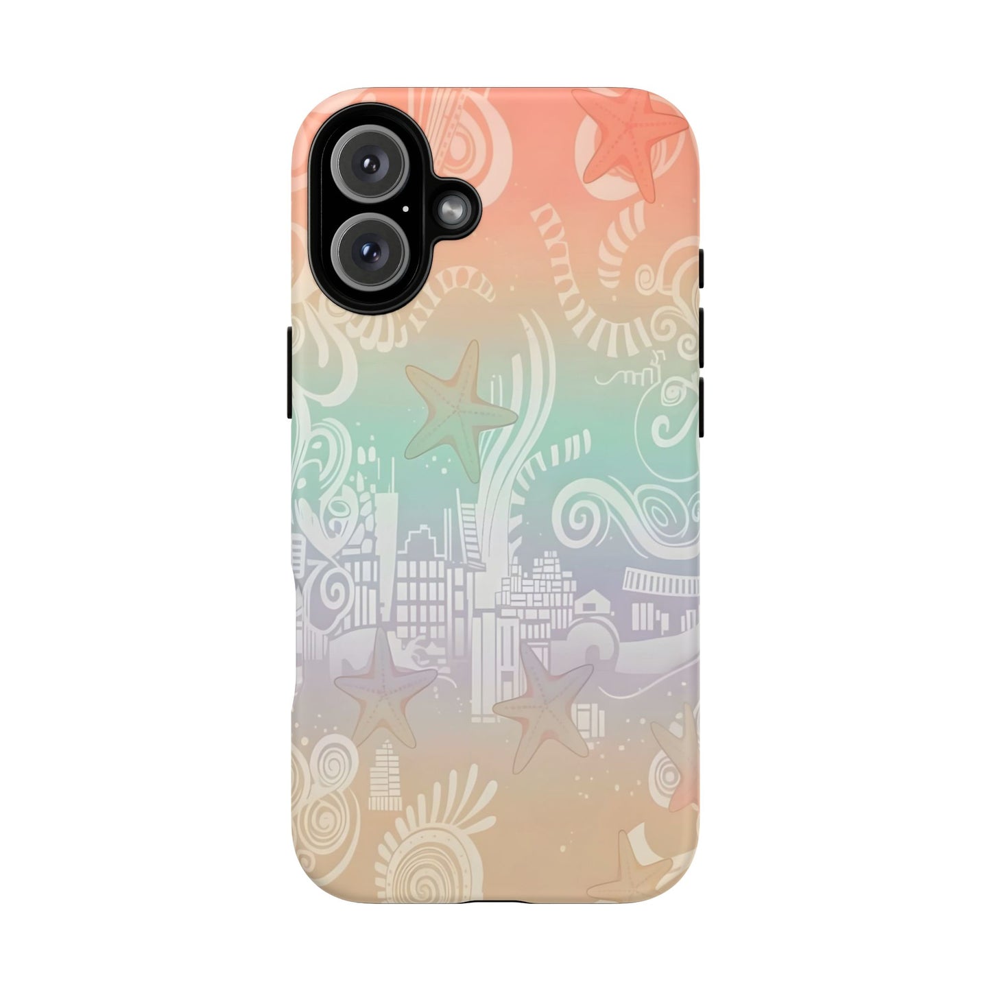 Tough Cases: Pastel Beach Pattern Phone Case — Starfish & Coastal Cityscape Protective Cover