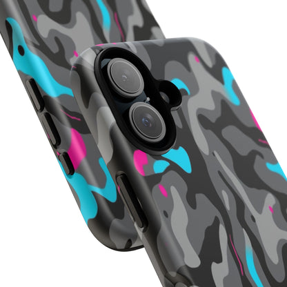 Camouflage Phone Case — Gray Camo with Neon Pink & Cyan Accent Tough Protective Cover