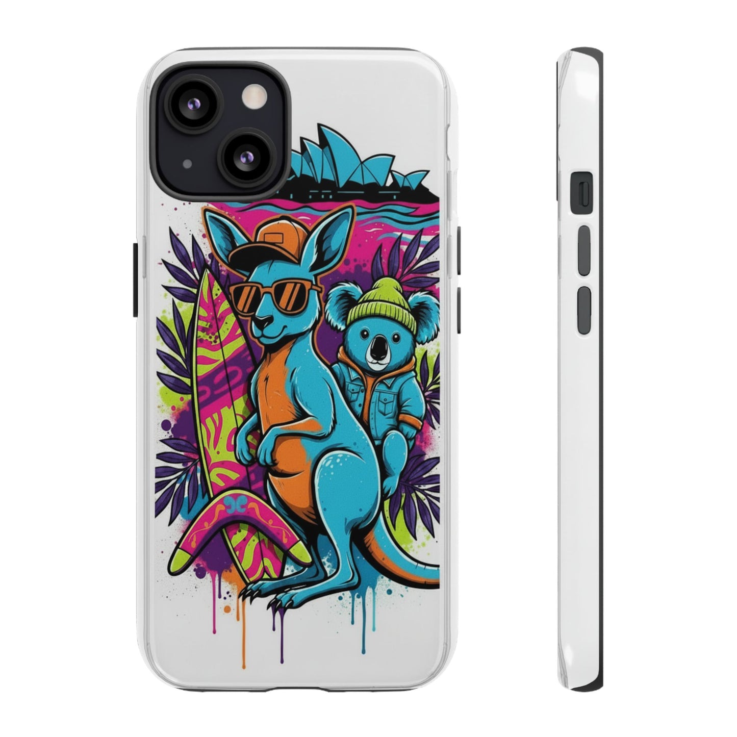 Kangaroo & Koala Surf Phone Case — Retro Neon Beach Art Tough Case