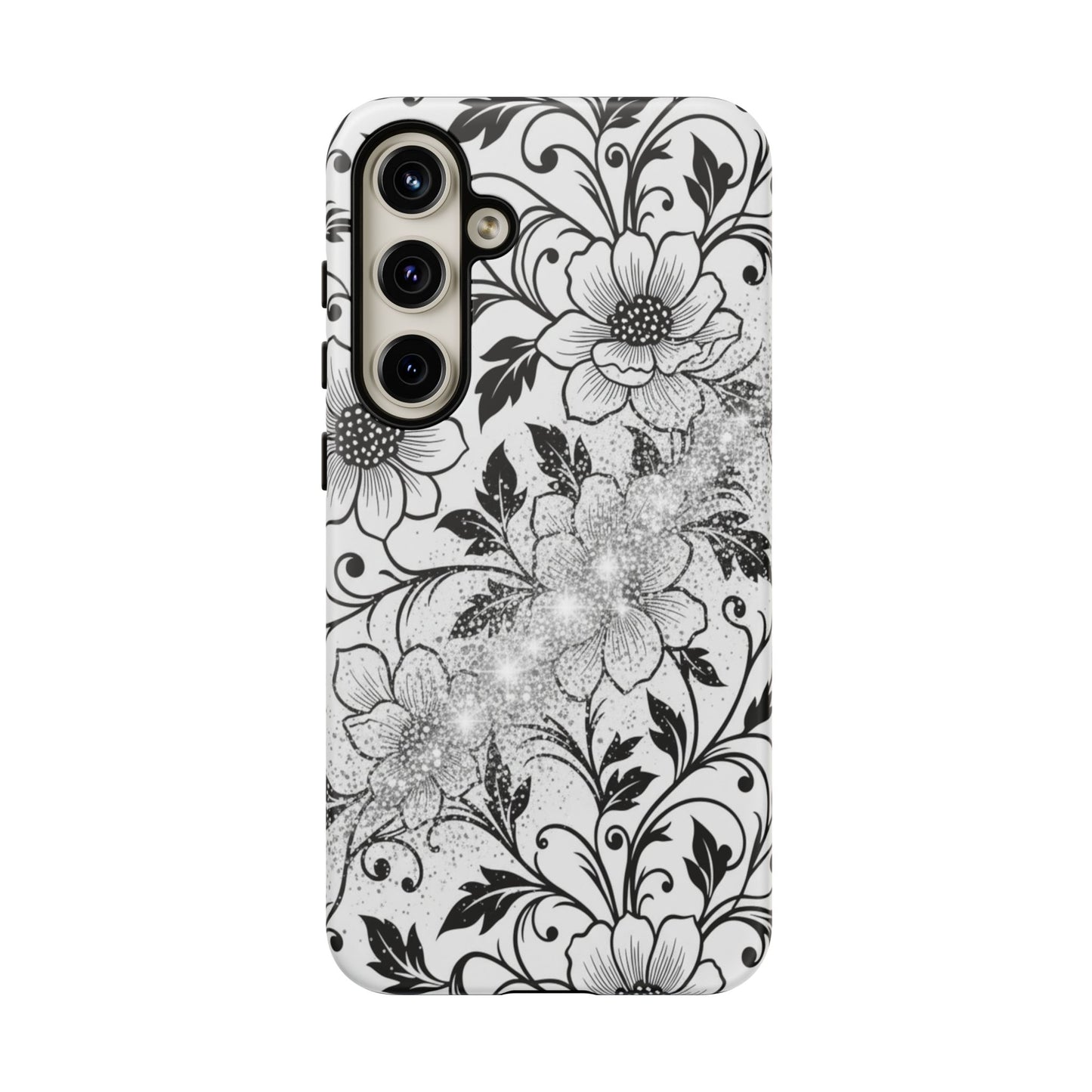 Floral Lace Phone Case — Black & White Vintage Flower Protective Case