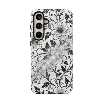 Floral Lace Phone Case — Black & White Vintage Flower Protective Case