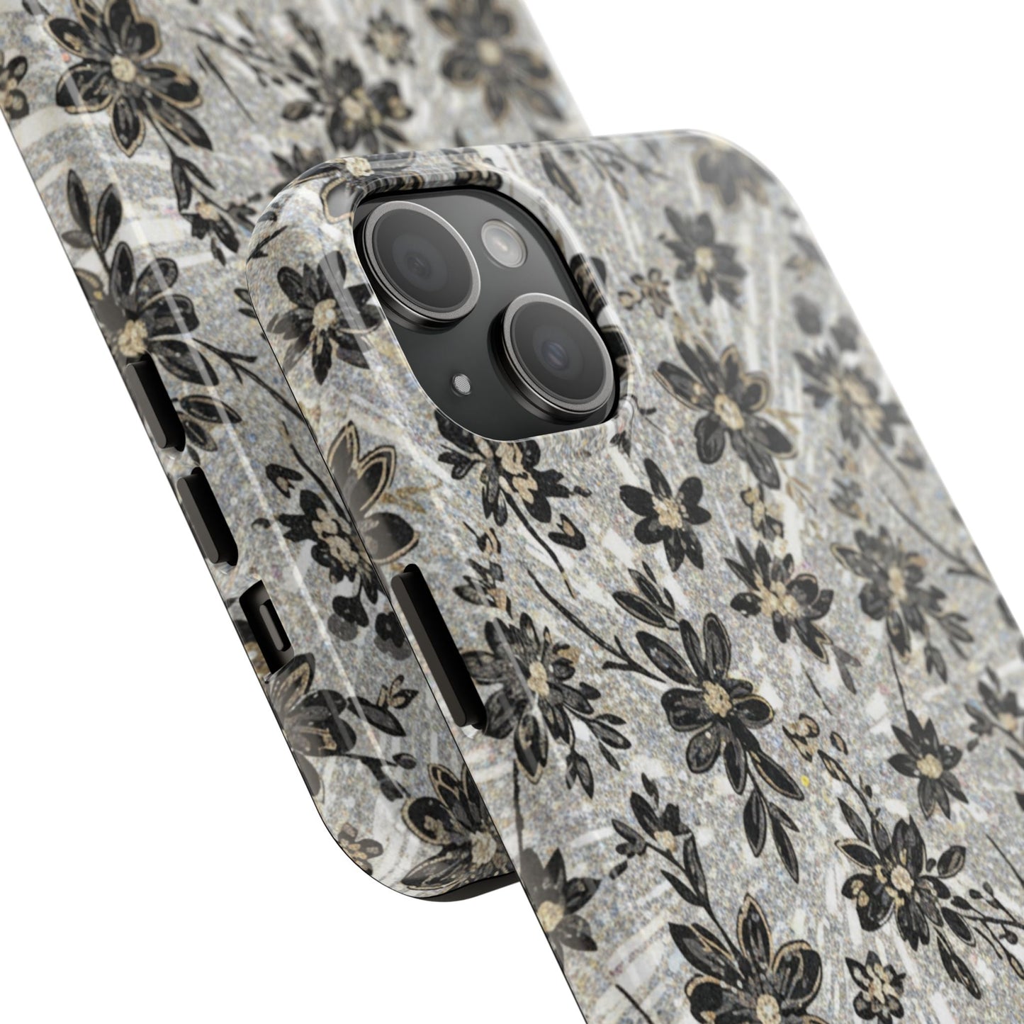 Floral Vintage Tough Phone Case — Black & Gray Rustic Flower Protective Case