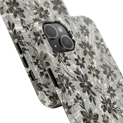 Floral Vintage Tough Phone Case — Black & Gray Rustic Flower Protective Case